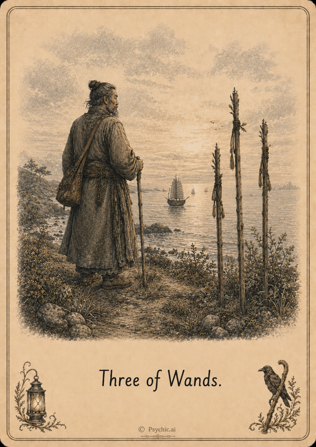 Three of Wands tarot card illustration